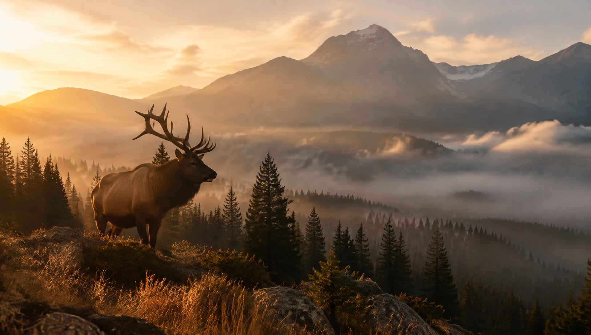 Bull elk on a misty mountain ridge at dawn
